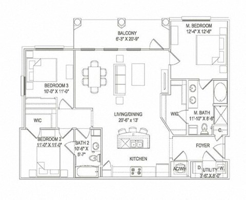 Floor plan for 3 beds, 2 baths, 1348 sqft
